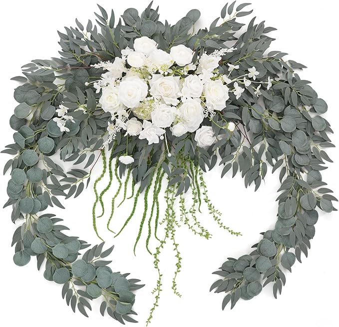 7.5FT White Sage Wedding Arch Flowers Garland, Rose &Eucalyptus, Artificial Spring Floral for Backdrop Mantle Decoration,Ceremony Party Sweetheart Head Table Reception Decor