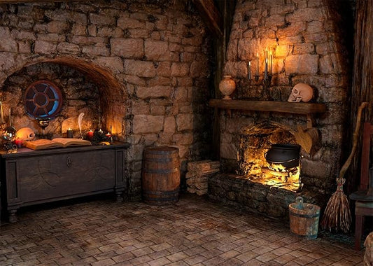 BELECO 10x6.5ft Fabric Spooky Witch Cottage Backdrop Halloween Magic Room Witch Kitchen Fireplace Magical Potion Books Candle Skulls Sorcerer Photography Background Witch Party Decorations Photo Props