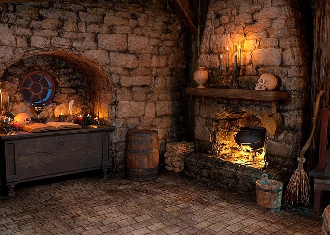 BELECO 12x8ft Fabric Spooky Witch Cottage Backdrop Halloween Magic Room Witch Kitchen Fireplace Magical Potion Books Candle Skulls Sorcerer Photo Props (A12482-1280)