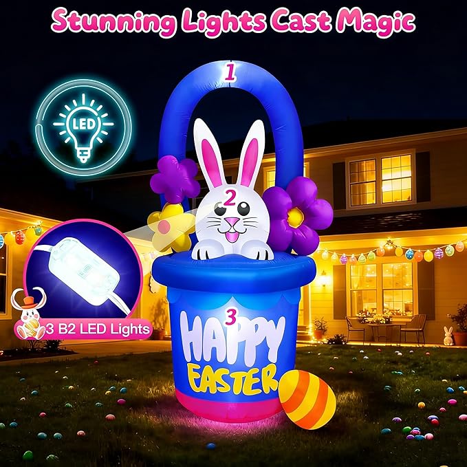 Danxilu 6 FT Easter Inflatables Outdoor Decorations, Cute Blow Up Easter Bunny in Flower Basket for Outside, Built in LED Lights Holiday Inflatable Yard Decoration for Spring Party Indoor Garden Lawn