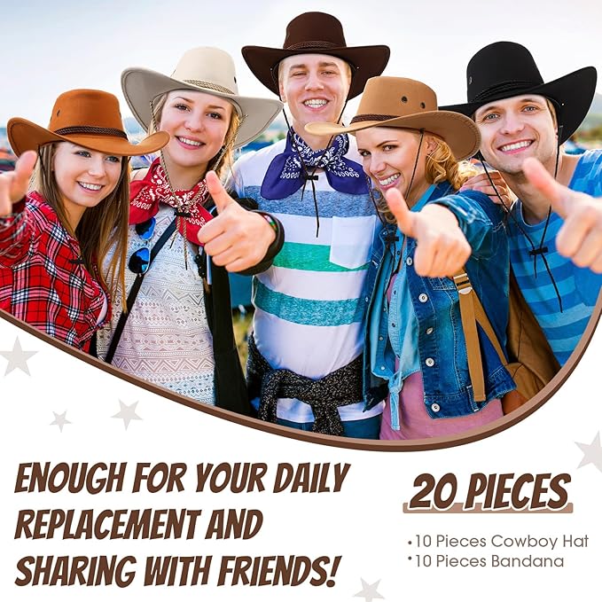 Coume 10 Set Cowboy Hat and Bandana for Women Men 10 Felt Cowgirl Cowboy Hat Bulk 10 Western Bandanas for Adult Costume Party