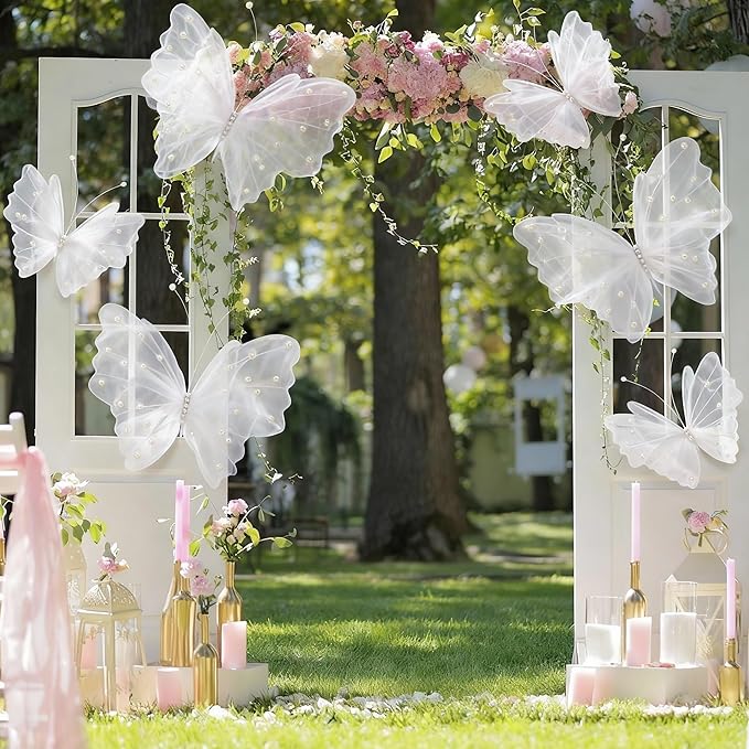 Geelin 6 Pcs Large White Pearl Butterfly Decorations Mariposas Grandes para Decoracion Big Butterfly Party Decor 20 Inch 12 Inch 3D Silk Butterflies for Baby Shower Birthday Party Wedding Decor