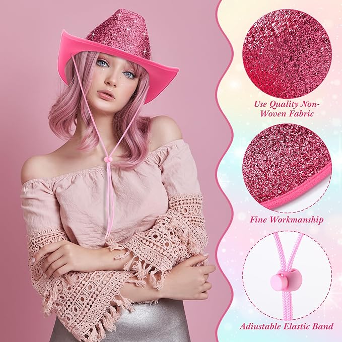 Coume 12 Pcs Sparkly Adults Cowboy Hat and Bandanas Women Men Western Glitter Cowgirl Party Hats with Adjustable Drawstring