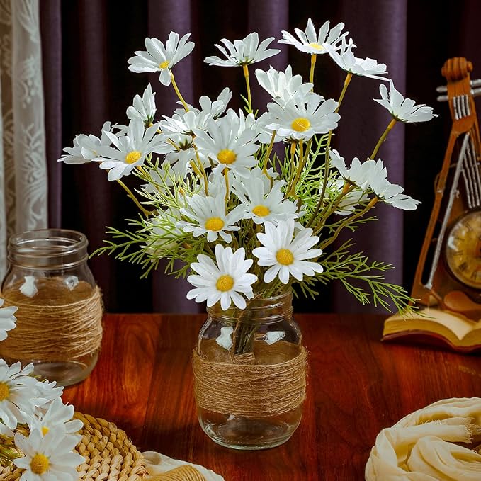 43 Pcs/ 6 Set Daisy Mason Jar Table Centerpiece Mason Jar Vases Faux Floral with Rope Boho Rustic Flower Table Decoration for Reception Engagement Party Bridal Shower Wedding
