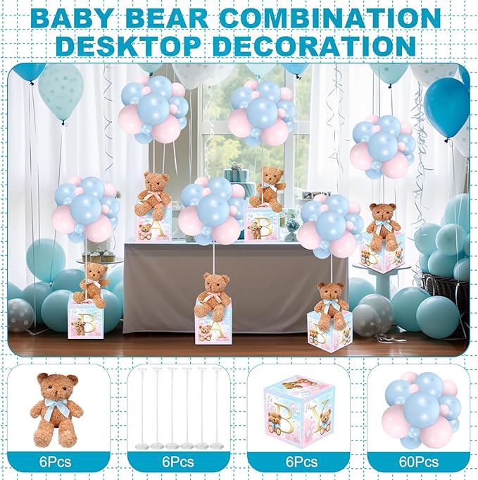 Lenwen 6 Sets Baby Letter Boxes Decorations Table Centerpieces for Baby Shower Gender Reveal,Bear Stuffed Animals Balloon with Stand Plush Toy Boxes for Birthday Party Wedding(Bear,Pink Blue)