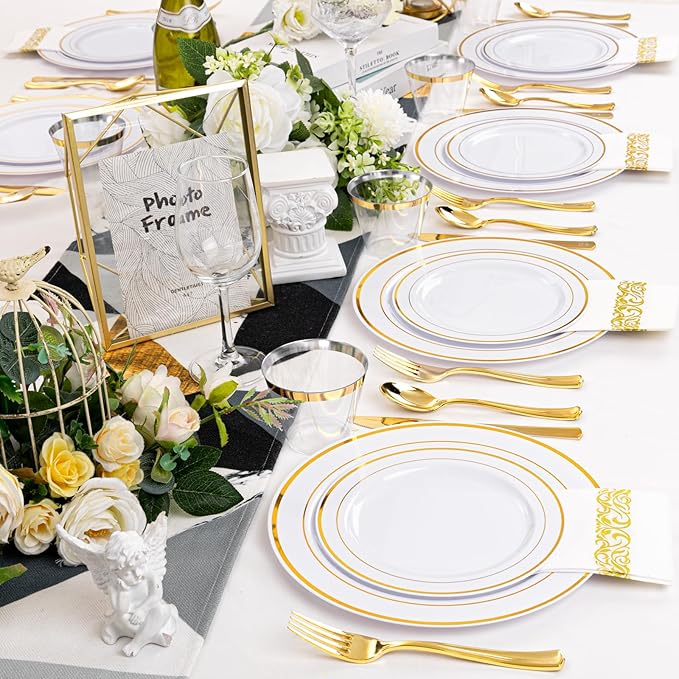 175 Pcs Gold Dinnerware Set, Plastic Plates Disposable for 25 Guests Include:25 Gold Rim Dinner Plates, 25 Dessert Plates, 25 Paper Napkins, 25 Cups, 25 Silverware Set Perfect for Party