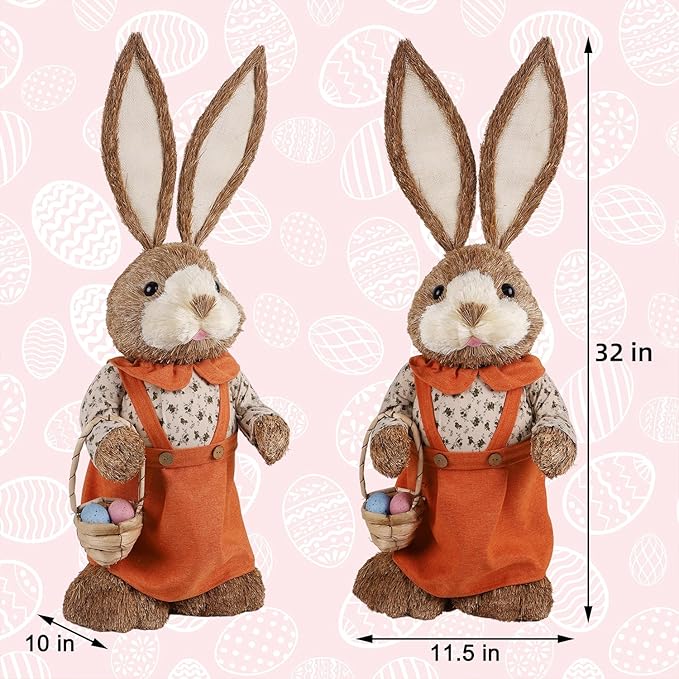 Juegoal Easter Straw Bunny Decorations, 32"(2.6FT) Extra Large Standing Mrs. Bunny Figurine, Handmade Easter Rabbit Statues, Cute Photo Props Gifts for Office Kitchen Farmhouse Spring Home