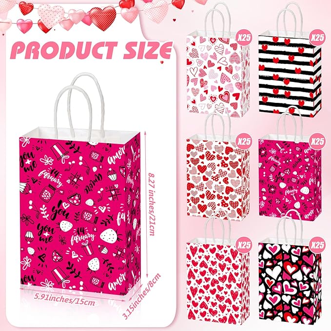 Chivertion 150 Pcs Valentine's Day Gift Bags with Handle Bulk Galentines Heart Paper Goodie Treat Bags for Valentines Galentines Day Party Favors Gift Wrapping Supplies 6 Style, 8 x 6 x 3 Inches
