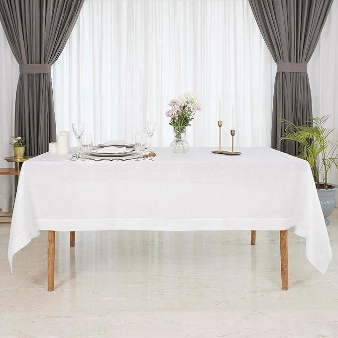 D'Moksha Homes White Linen Tablecloth for Rectangle Tables 60 x 132 Inch - 100% Pure Linen White Table Cloth - Classic Hemstitch, Machine Washable Dining Tablecloth for Valentines, Spring, Easter