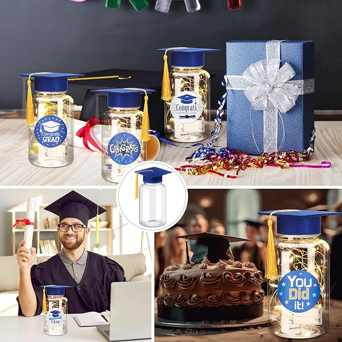 Boao 16 Sets Graduation Table Decoration Set with LED Light up Graduation Decorations for Class of 2026, Grad Jar, Felt Grad Hat and Stickers for High School College(Blue)