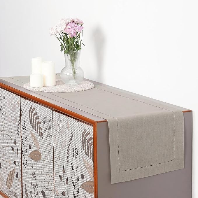 D'Moksha Homes Linen Natural Table Runner 108 Inches Long - 100% Pure Linen 14 x 108 Inch Table Runner for Valentines, Spring, Easter - Classic Hemstitch