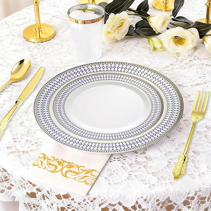 MENDENG 175pcs Plastic Plates for Party Plates Disposable Heavy Duty Platos Desechables Elegantes, Thanksgiving Christmas Plates Disposable with Cups and Napkins and Gold Cutlery Set