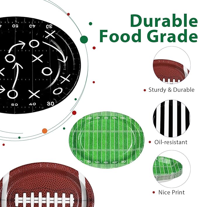 100Pcs Football Oval Paper Plates 10" x 12" Large Disposable Heavy Duty American Football Paper Platters Sports Theme Dessert Plates for Super Game Bowl Gameday Tailgate Party Supplies