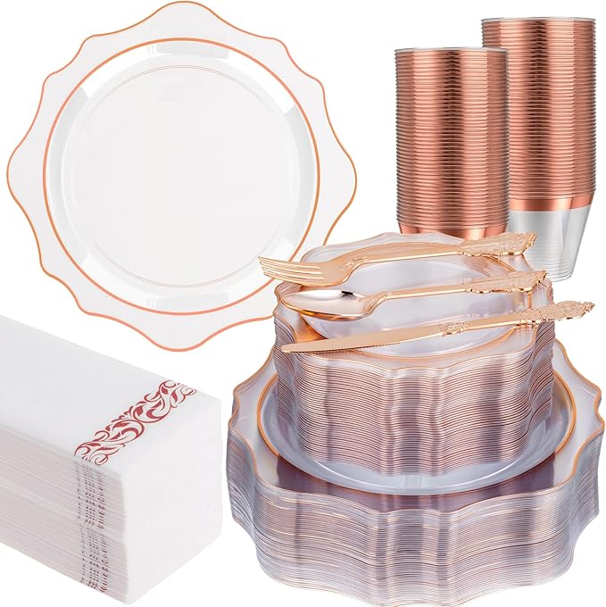 350 PCS Clear and Rose Gold Plastic Plates, Rose Gold Disposable Plates for 50 Guests, Includes 100 Disposable Plates, 50 Cups, 150 Silverwares, and 50 Napkins for Party, Wedding