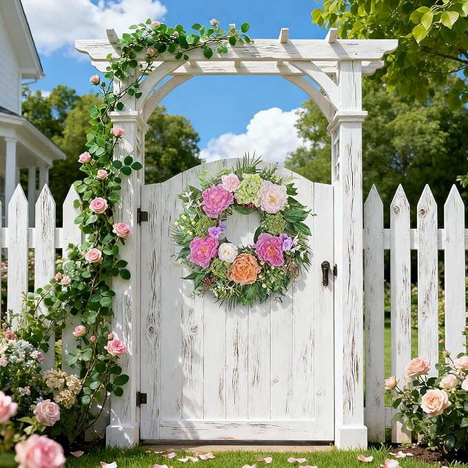 24 Inch Spring Wreath for Front Door with Peony Hydrangea Silk Flowers with Berry Greenery for All Seasons Porch Wedding Wall Farmhouse Porch Wall Living Room Home Widding Decor