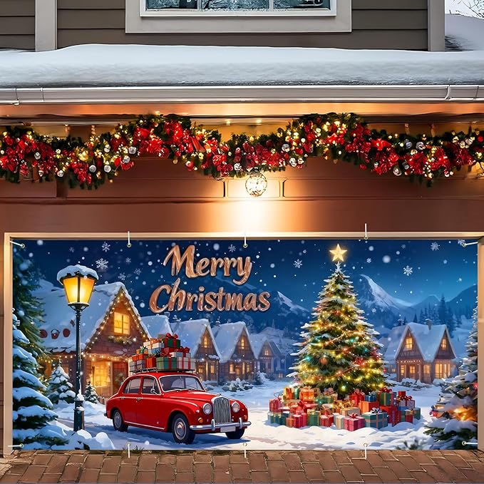 Merry Christmas Garage Door Banner 7x16FT Snowy Village Scene with Car & Tree, Holiday Garage Door Cover for Outdoor Xmas Decorations