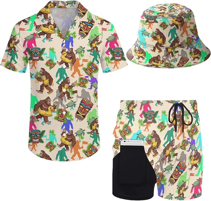 Men's Hawaiian Shirt and Shorts Set 2 Piece Beach Outfits with Bucket Hats for Beach Days and Summer Vibes