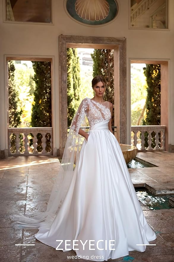 Zeeyecie Ruffle Satin Wedding Dresses 2025 A-Line Crew Neck Lace Applique Sequins Beads Sparkly Bridal Gown with Pockets