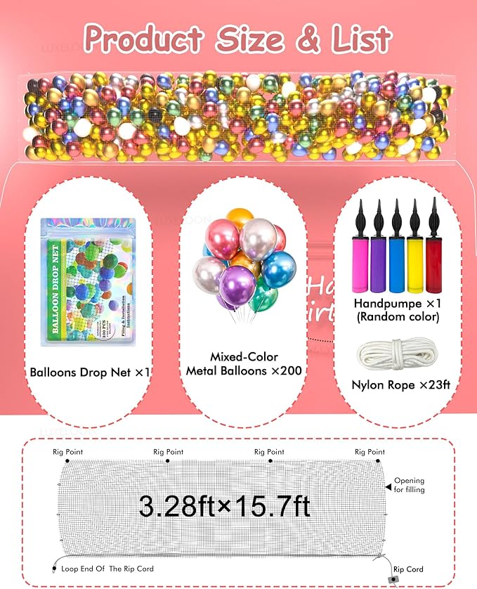 Balloon Drop Net for Ceiling Release,Balloon Release Net Bag Kit, Pumps, Family Reunion Birthday Celebration, Graduation, Wedding, New Year Eve Party Decorations (15.75Ft×3.28Ft /4.8m×1m[100Pcs])