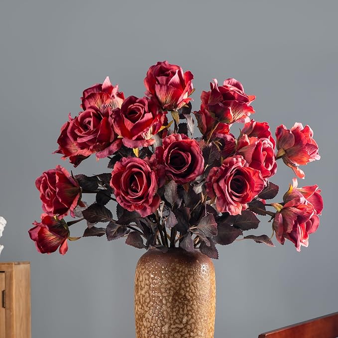 Artificial Flowers Artificial Roses 23.2In Fake Roses Long Stem Artificial Flowers for Tall Vase Silk Rose Suitable for Indoor Decoration Wedding Party Decor DIY Bouquet Autumn (20PCS,Red)