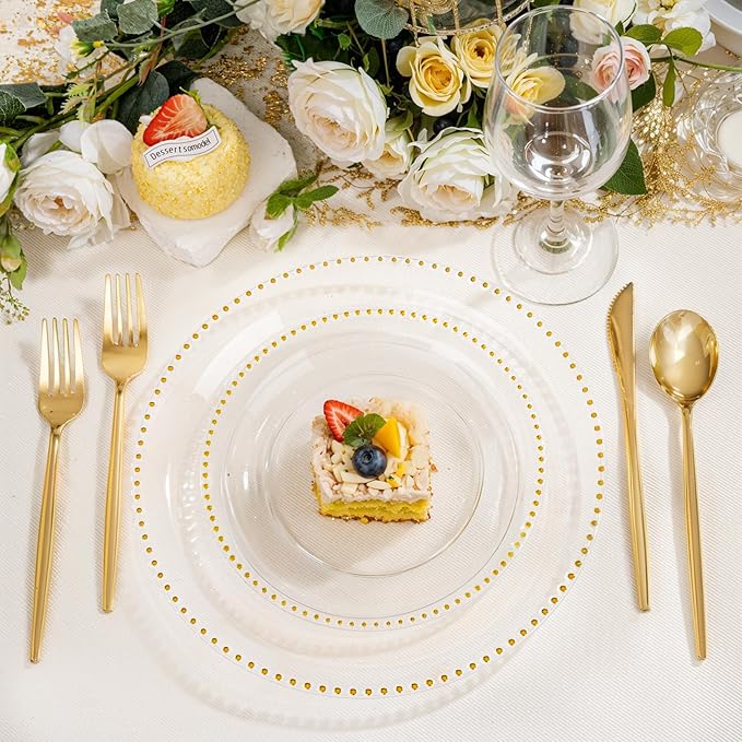Rubtlamp 60Pcs Clear Gold Plastic Plates, Clear Disposable Plates With Gold Beaded, Heavyduty Plastic Plates Include 30 Dessert Platos, 30 Dinner Platos for Wedding Party