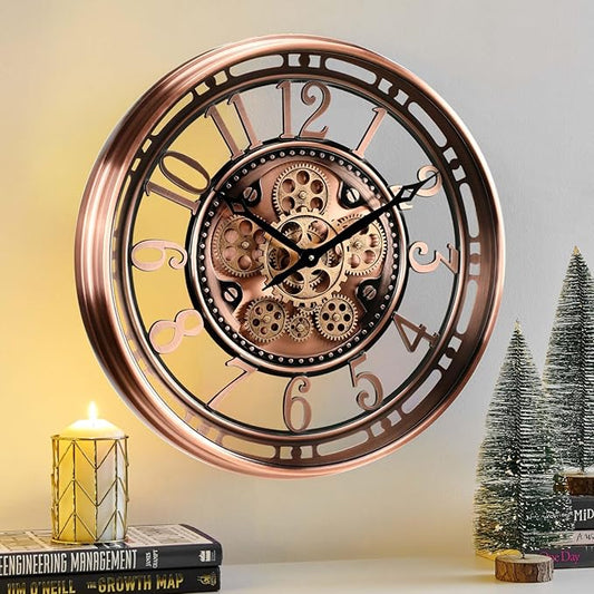 CLXEAST 21 Inch Moving Gear Wall Clock for Modern Farmhouse Living Room Decor,Large Industrial Steampunk Wall Clock for Home Office,Metal Copper Finished,House Warming Gifts New Home