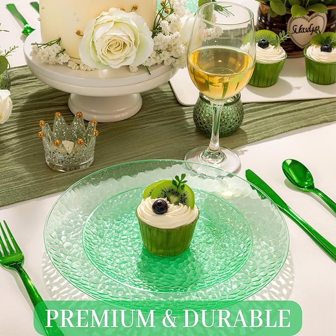 Rubtlamp 60Pcs Green Plastic Plates, Heavy Duty Disposable Plates With Hammered Design, Green Party Disposable Plate Include 30 Dinner Plate, 30 Salad Platos, Fancy Plastic Platos