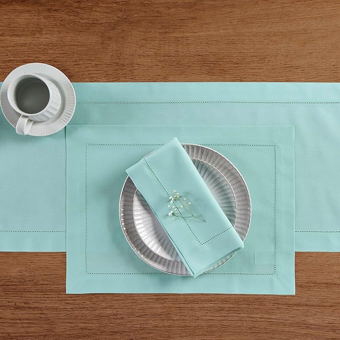 Solino Home Cotton Linen Napkins Set of 4 - Hemstitch Pastel Turquoise Dinner Napkins Cloth 20 x 20 Inch for Spring, Easter - Handcrafted and Machine Washable