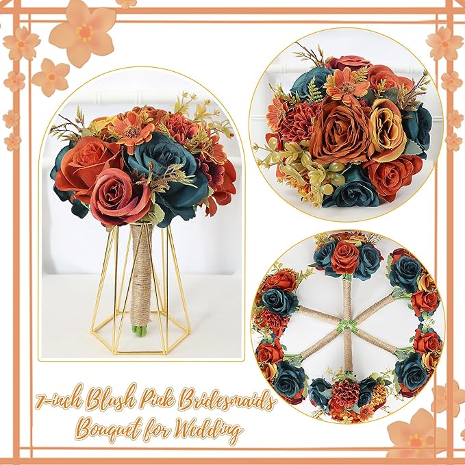 Set of 2 Bridesmaids Bouquets 7 inch Artificial Bridesmaid Bouquet for Wedding Silk Rose Small Floral Bouquet for Vintage Fall Bridal Shower Marriage Proposal Ceremony Decor - Dark Teal & Burnt Orange