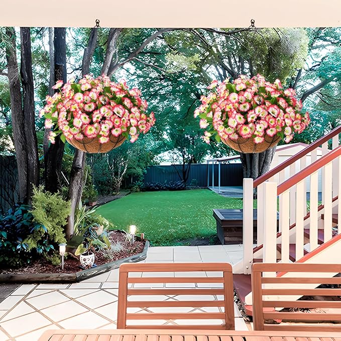 Homsunny Artificial Faux Hanging Flowers Baskets for Outdoor Spring Decoration,Fake Silk Plants for Outside Indoors Porch Patio Home Summer Decor(Pink)