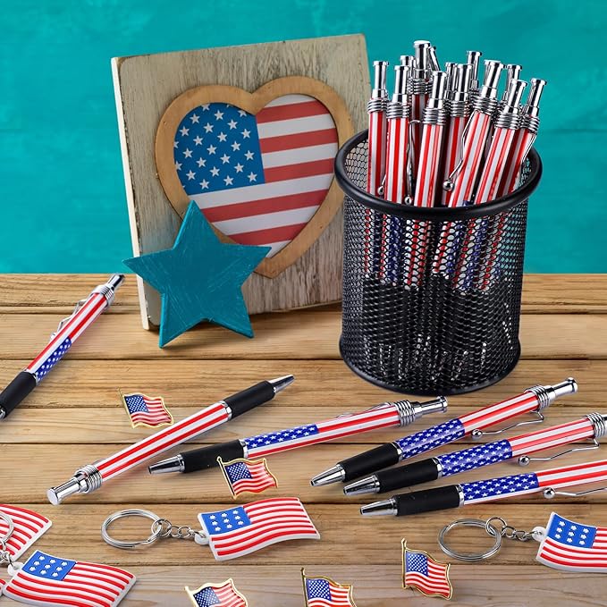 Qilery 400 Pcs American Flag Lapel Pins Ballpoint Pen Patriotic Flag Keychains Thank You Card Organza Gift Bag for Home Office Party Supplies