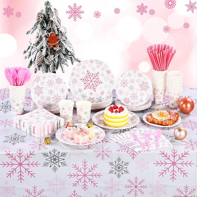 452 Pcs Pink Snowflake Party Supplies Serves 50, Pink Snowflake Paper Plates Napkins Cups Tablecloth Cutlery Straws for Christmas Winter, Baby Shower Wonderland Birthday Party Decorations