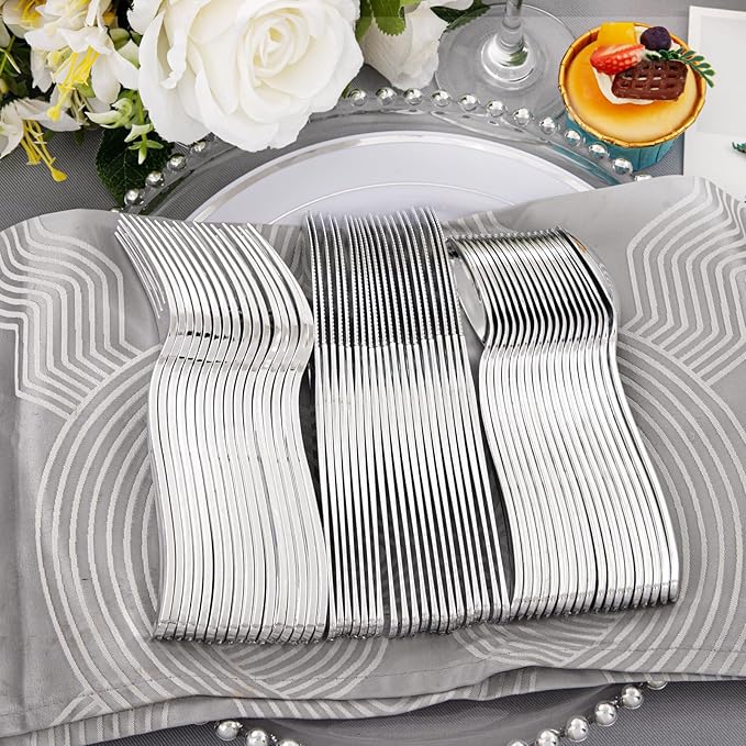 Supernal 360pcs Plastic Silverware Heavy Duty, Silver Disposable Silverware Sets for Parties,Plastic Forks and Spoons,Party Disposable Flatware Suit for Weddings, Birthday, Parties