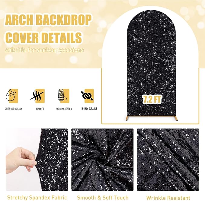 FUHSY 7.2FT Black Arch Cover Sequin Arch Stand Covers Sparkly Wedding Arch Backdrop Stand Cover Spandex Backdrop Covers for Arched Stand Chiara Arches Covers Fabric for Birthday Party Halloween