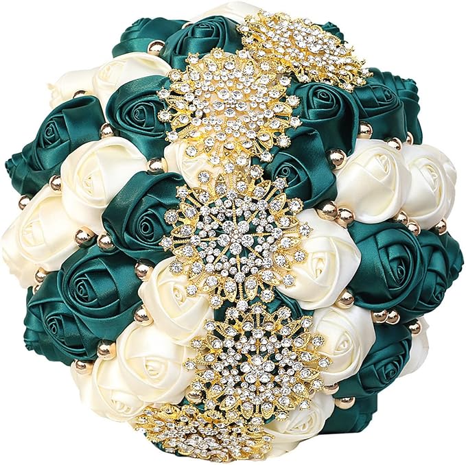 Emerald Green Ivory Bridal Wedding Bouquet with Gold Rhinestone Pearl for Quinceanera Bride Bridesmaid Satin Rose Flower Brooch Bouquet Wedding Emerald Green and Ivory 8.3in