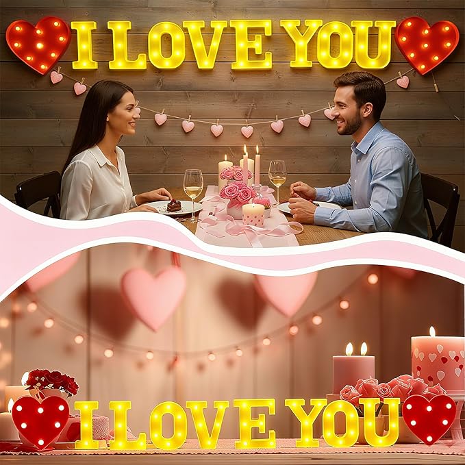Honoson 10 Pcs I Love You Light up Sign Valentine Decoration Anniversary Present Romantic Heart LED Letters Lights for Valentine Day Wedding Engagement Boyfriend Girlfriend Lover Special Night Party