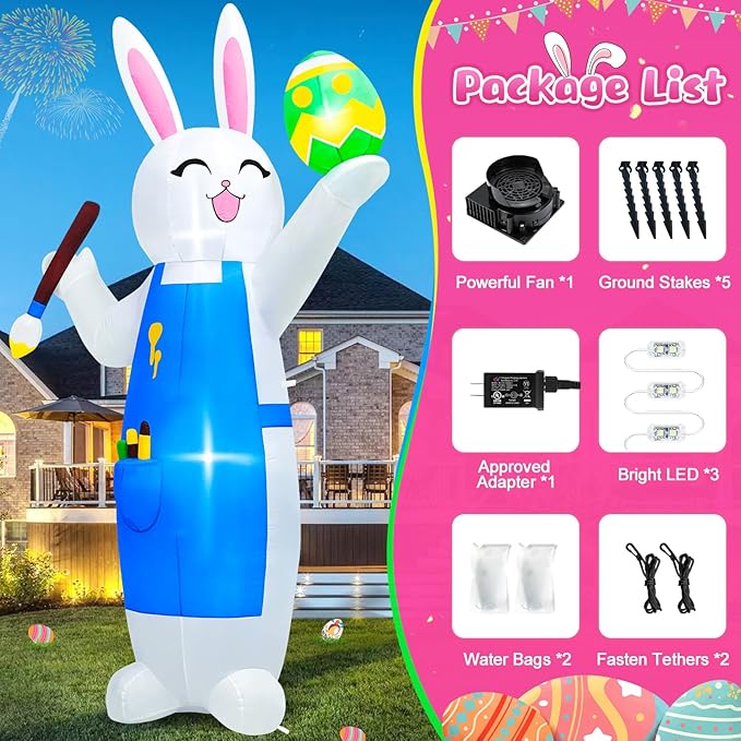 MICOCAH 8FT Easter Inflatables Outdoor Decorations Blow Up Bunny Painting Eggs Built-in LED Lights, Happy Easter Decorations Inflatable Bunny for Indoor Yard Garden Lawn Holiday Party Decor