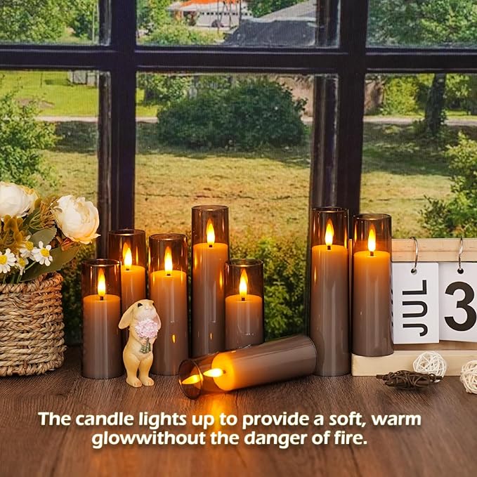 Flickering Flameless Candles, Battery Operated Acrylic LED Pillar Candles with Remote Control and Timer,Pack of 12,(D1.57 xH 4" 5" 6") for Holiday Decorations Home Decorations (Grey)