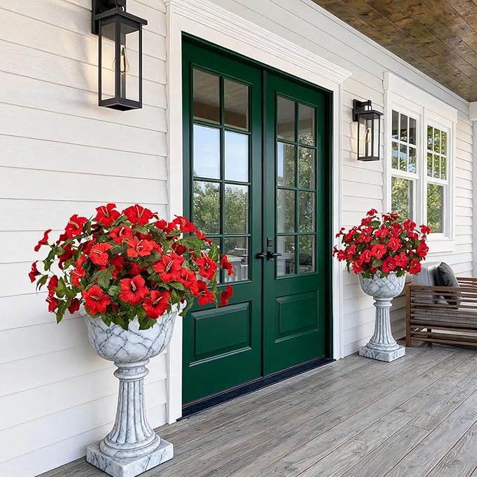 19 Inch Artificial Fake Flowers for Outdoor,4 Pcs Faux Silk Petunias Spring Flowers for Outside for Indoor Porch Planter Front Door Garden Patio Window Box Home Decor(Red)