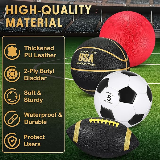 Deekin 8 Pcs Assorted Sport Balls Set Official Size Basketball Football Soccer Playground Balls with Pump and Bag Multi Athletic Ball for Youth Adult Outdoor Indoor Holiday Sports Gifts