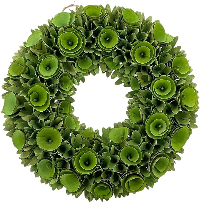 Galt International 18” Natural Woodchip Rose Autumn Wreath Intricate Front Door Christmas Wreath Beautiful Indoor & Outdoor Front Door Wreath for Fall Harvest Autumn Rustic Farm Home Decor (Green)
