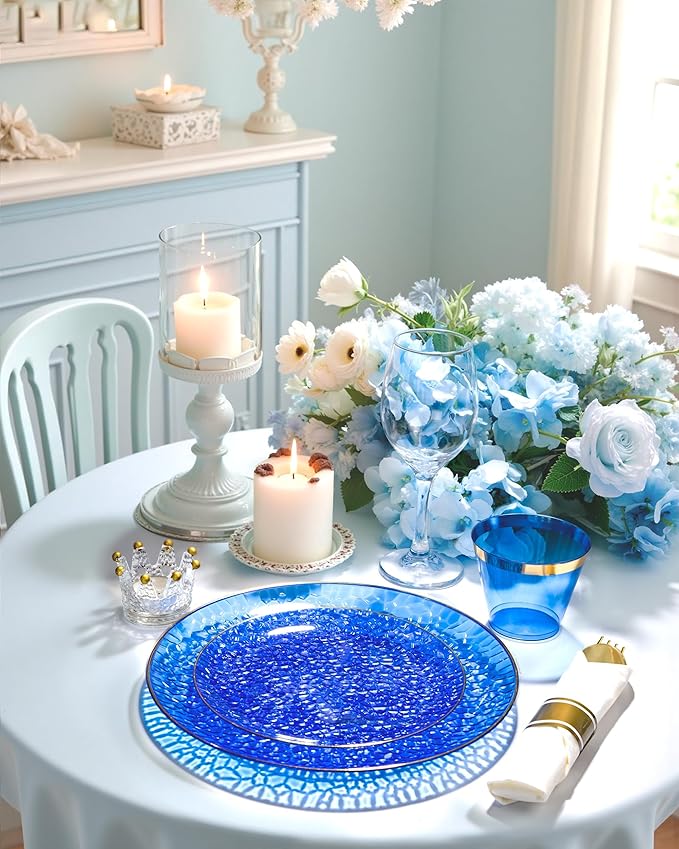 Hioasis 175pcs Blue Gold Plastic Plates - Blue Plastic Dinnerware Set Includes 25 Dinner Plate, 25 Dessert Plate, 25 Cups, 25 Napkins Perfect for Christmas & Party