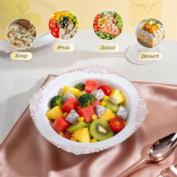 100 Pack White Plastic Bowls with Rose Gold Relief Rim, 12oz Plastic Salad Bowl, Disposable Bowls for Party, Dinners, Weddings, Christmas, Thanksgiving, Valentine's Day