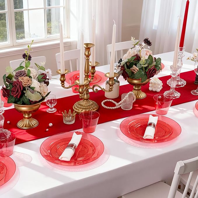 DaYammi 350 Pieces Red Glitter Dinnerware Set 50 Guest for Party- 50 Dinner Plates, 50 Dessert Plates -50 Per Rolled Napkins with Red Cutlery - 50 Disposable Cups 9 OZ