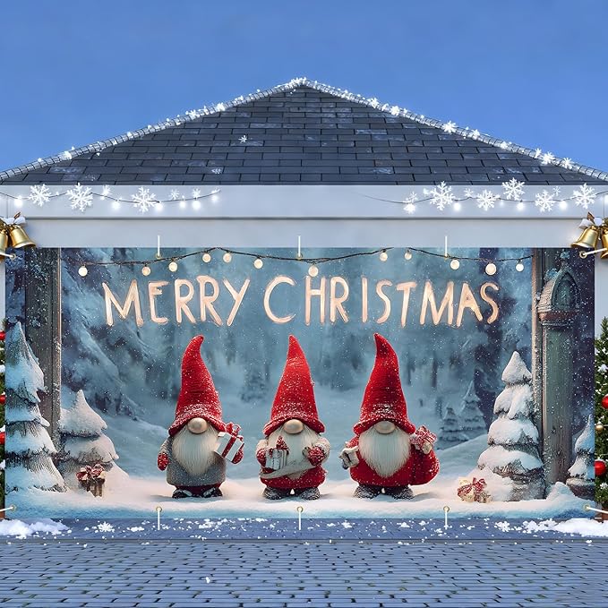 Christmas Garage Door Banner 7x16FT, Cute Christmas Gnomes Garage Door Cover, Large Outdoor Holiday Garage Decoration for Driveway, Porch and Winter Party Backdrop