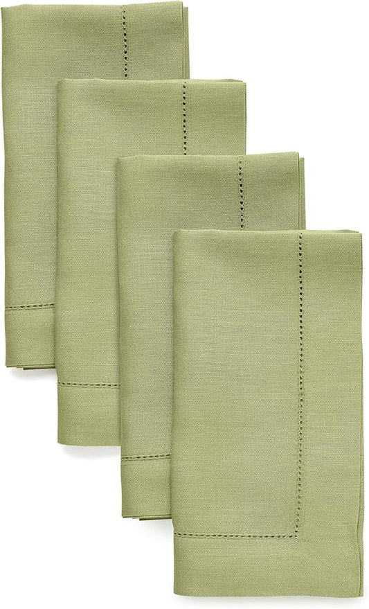 Solino Home Linen Napkins Set of 4 - Classic Hemstitch 100% Pure Linen Moss Green Dinner Napkins Cloth 20 x 20 Inch for Winter, Spring, Easter, St Patricks Day - Handcrafted and Machine Washable