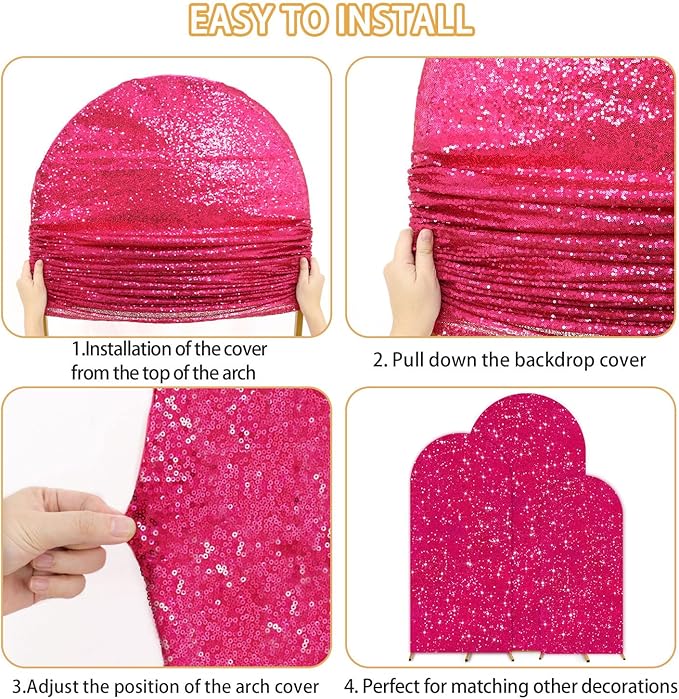 FUHSY Arch Backdrop Cover Set of 3 Hot Pink Arch Covers Stretchy Backdrop 7.2FT, 6.6FT, 6FT Balloon Chiara Backdrops Arched Cover Spandex Sequin Fabric for Birthday Party Baby Shower Ceremony Decor