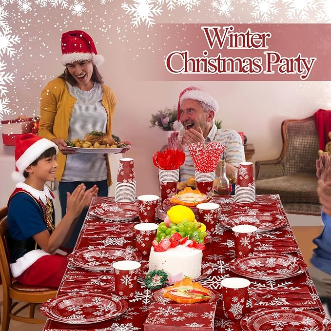 452 Pcs Christmas Snowflake Party Supplies for 50 Guests, Red White and Sliver Snowflake Paper Plates and Napkins Cups Tablecloth Cutlery Straws for Winter Xmas Birthday Party Decoration