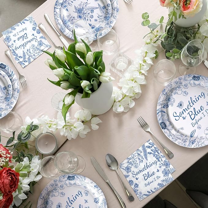 Zhehao 250 Pcs Something Blue Bridal Shower Plates Napkins Sets 50 Pcs 9'' Dinner Plates and 7'' Dessert Plate and 9oz Cups 100 Napkins Serves 50 Party Supplies Bridal Shower Engagement Decoration