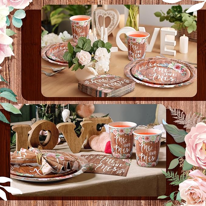 Zhehao 250 Pcs Retro Bridal Shower Plates Napkins Sets 50 Pcs 9'' Dinner Plates and 7'' Dessert Plate and 9oz Cups 100 Napkins Serves 50 Party Supplies Bridal Shower Engagement Decoration